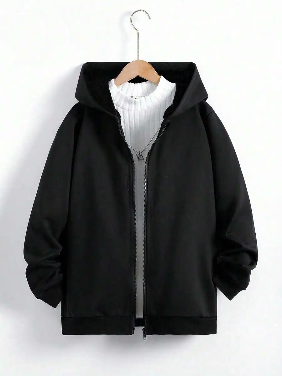 

Unisex Black Zip-Up Hooded Sweatshirt with Fleece Lining for Autumn Winter