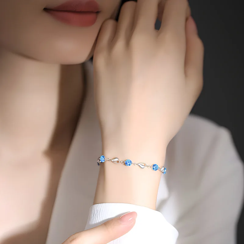 Pulsera de plata de ley 925 con circonita en forma de corazón para mujer, brazalete con dijes de cristal azul Retro coreano, joyería Original para