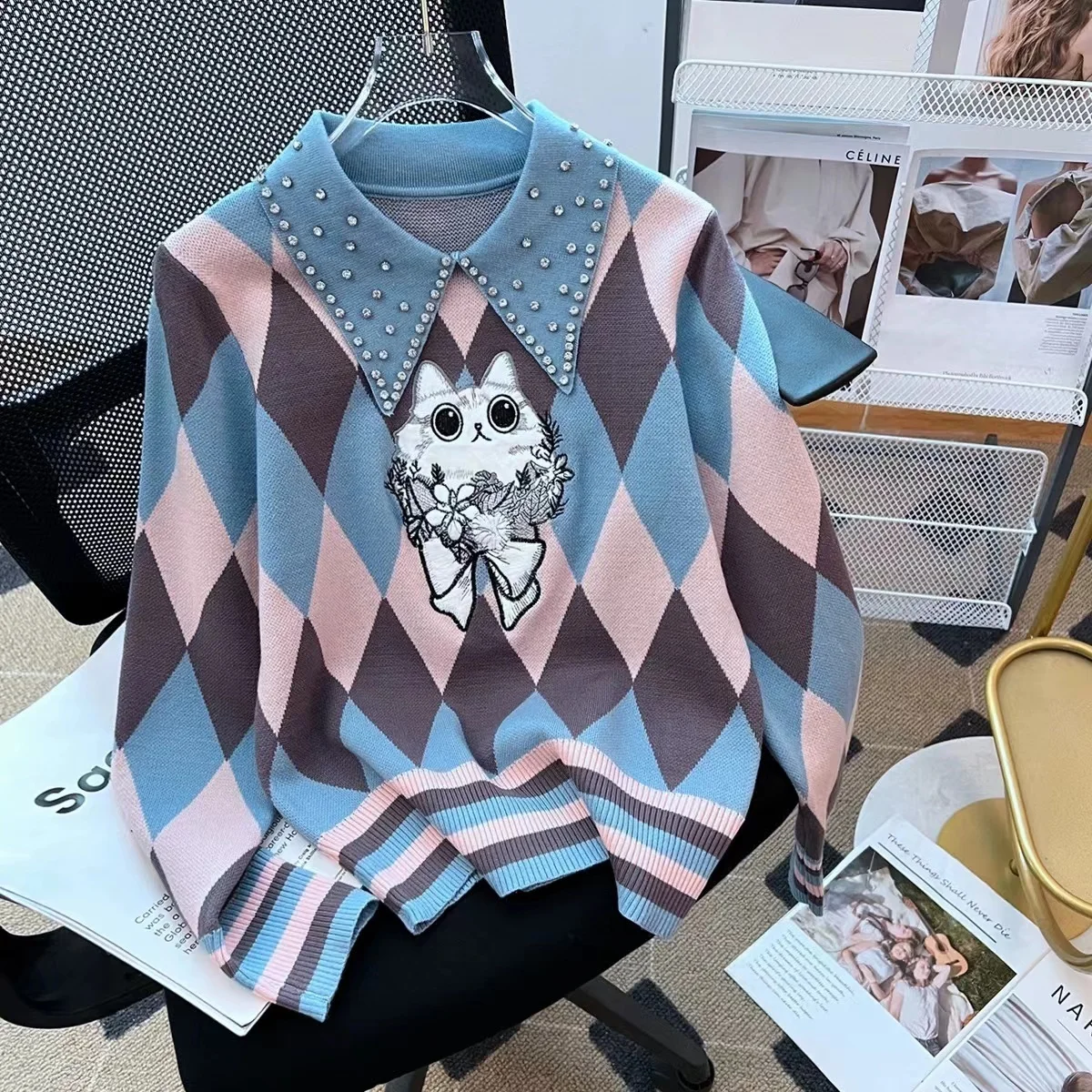 

High Street французские модные вязаные топы для женщин, роскошный трикотаж с бриллиантами, базовый пуловер, свитер с милым вышивкой, тянущиеся