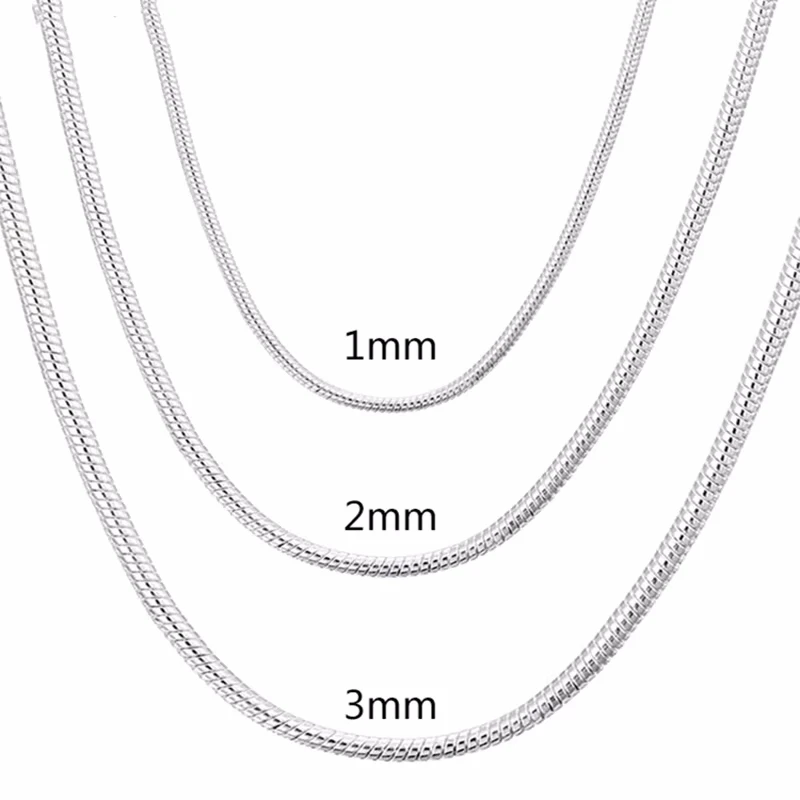 Colar de corrente de cobra maciça em prata de lei 925, 45-60cm, 1MM/2MM/3MM, para homens e mulheres, joia de moda para pingente, frete grátis