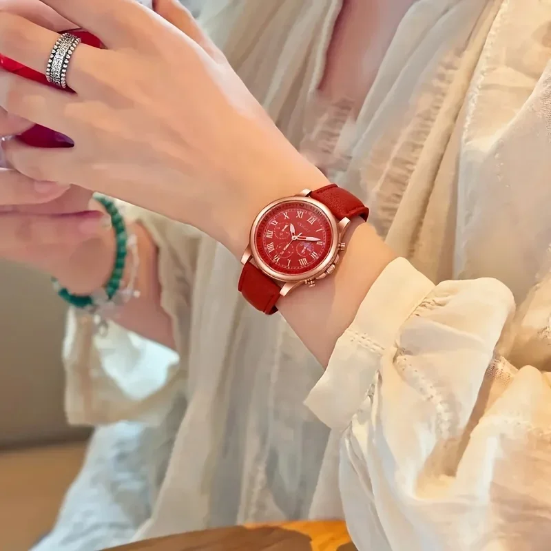 1pc-Stylish and Casual High Quality Ladies Watch Leather Strap Student Girl Simple Vintage Clock