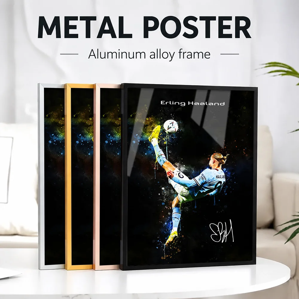 Erling Haaland Soccer Kick Framed Metal Poster Personalized Photo Dramatic Action Style Wall Art For Home Office Champion Gift