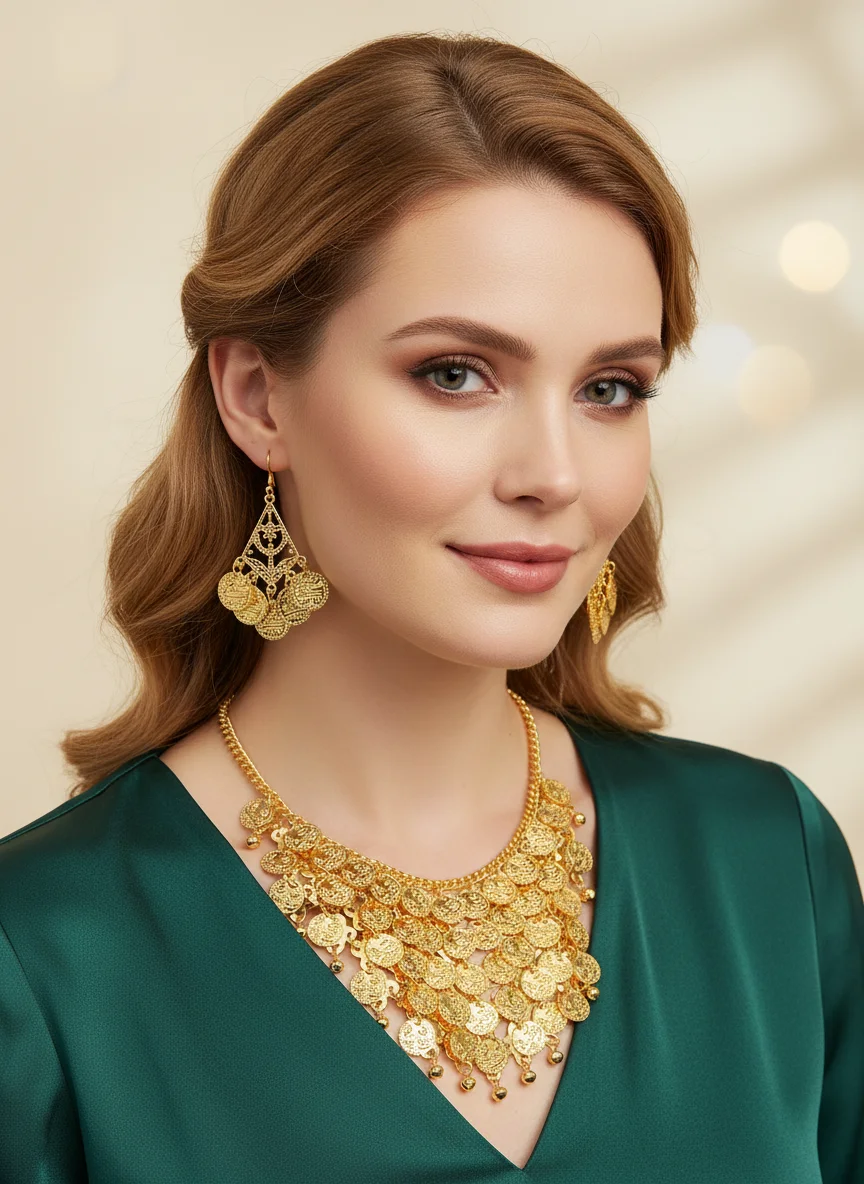Bohemian Gold Coin Necklace & Earrings Set - Retro Ethnic Gypsy Jewelry for Bridal, Festival, and Traditional Occasions