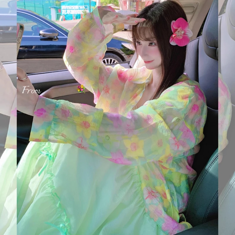 Summer New Green Floral Women's Sunscreen Shirt Jacket Sweet Cute Loose Vacation Split Bow Hollow Out Long Sleeves Shirts Ladies