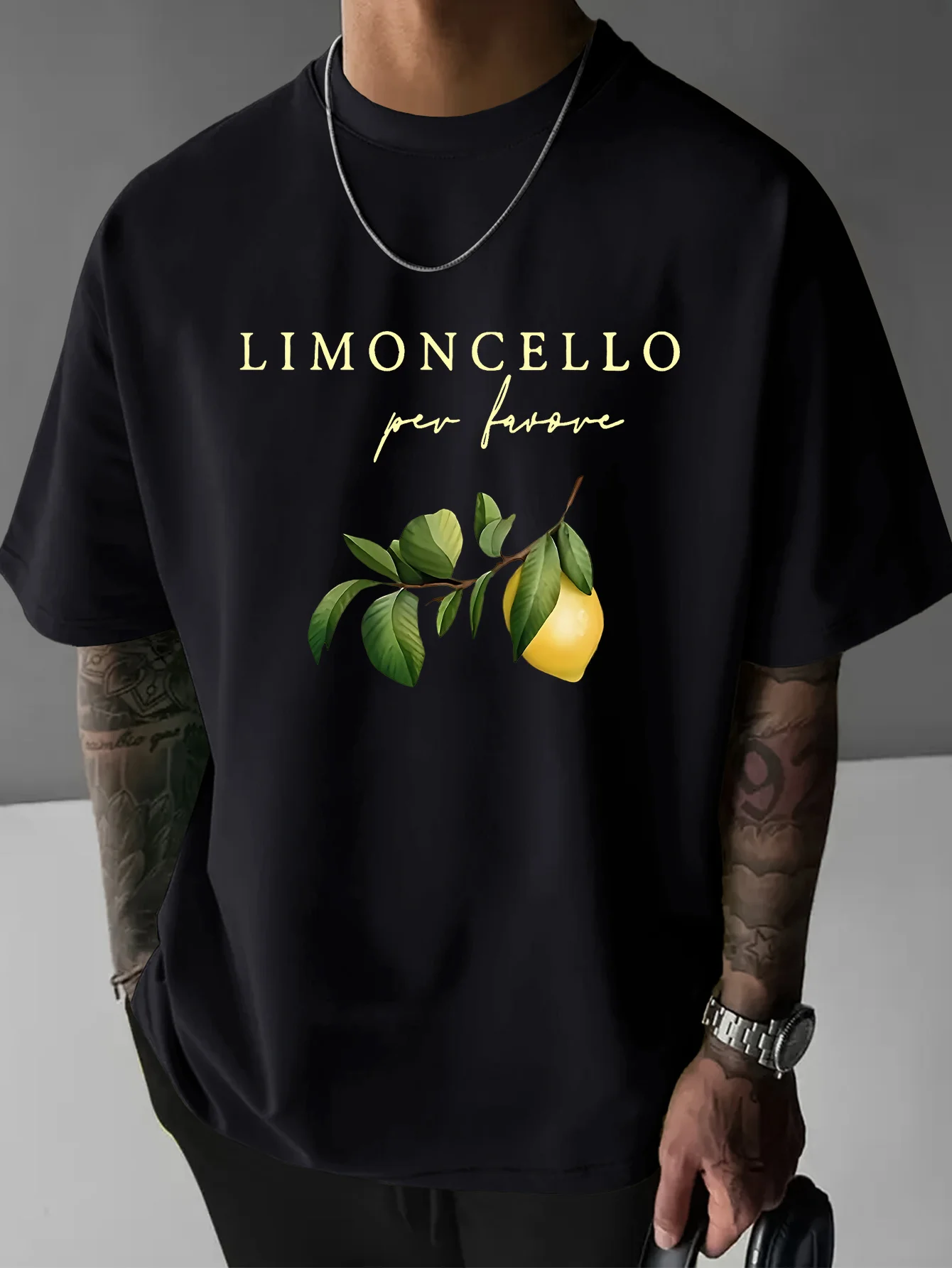 

Mens Summer Casual Loose Fit Short Sleeve T-Shirt Breathable Black Graphic Tee with Limoncello Lemon Golden Letter Print