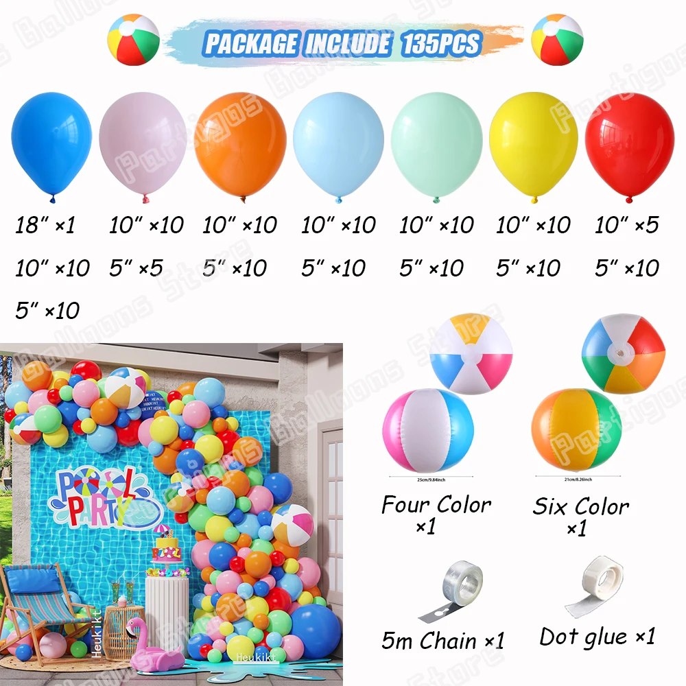 135Pcs Summer Pool Balloon Wreath Arch Set Inflatable Six Color Ball Wedding Birthday Aloha Hawaii Beach Party Decoration Globos