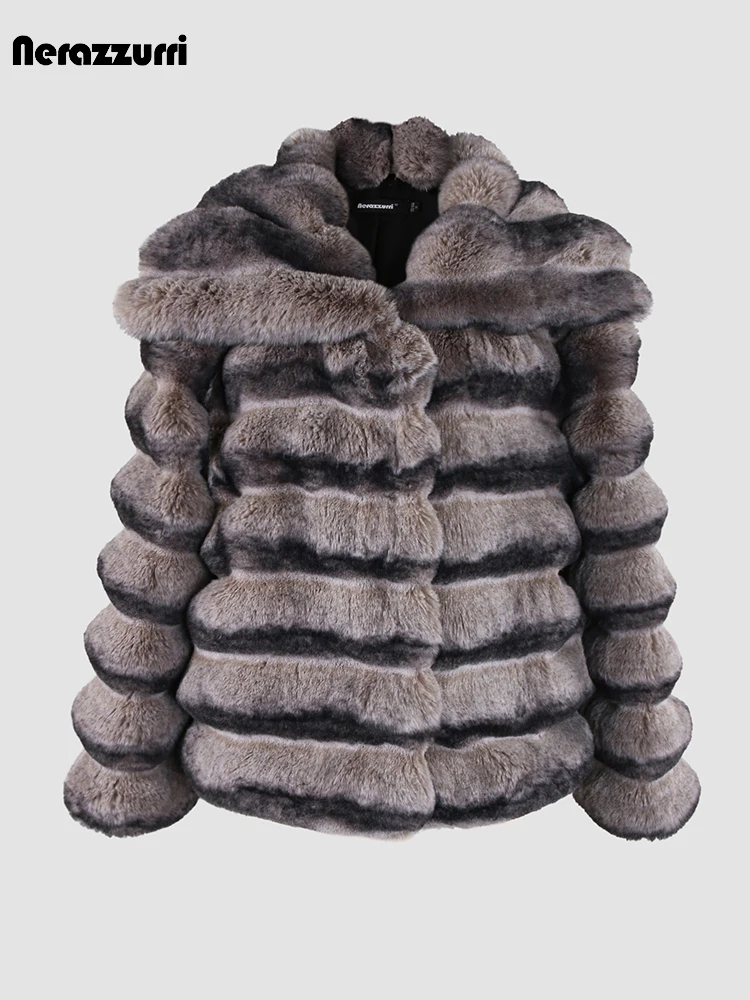 Nerazzurri Winter Striped Thick Warm Soft Colorful Faux Chinchilla Fur Coat Women Turn-down Collar High Quality Fluffy Jacket