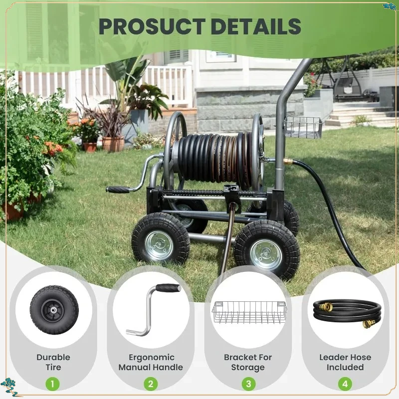 Heavy Duty Grey Hose Reel Cart - 250ft 5/8" Capacity, Pre-Installed Guide