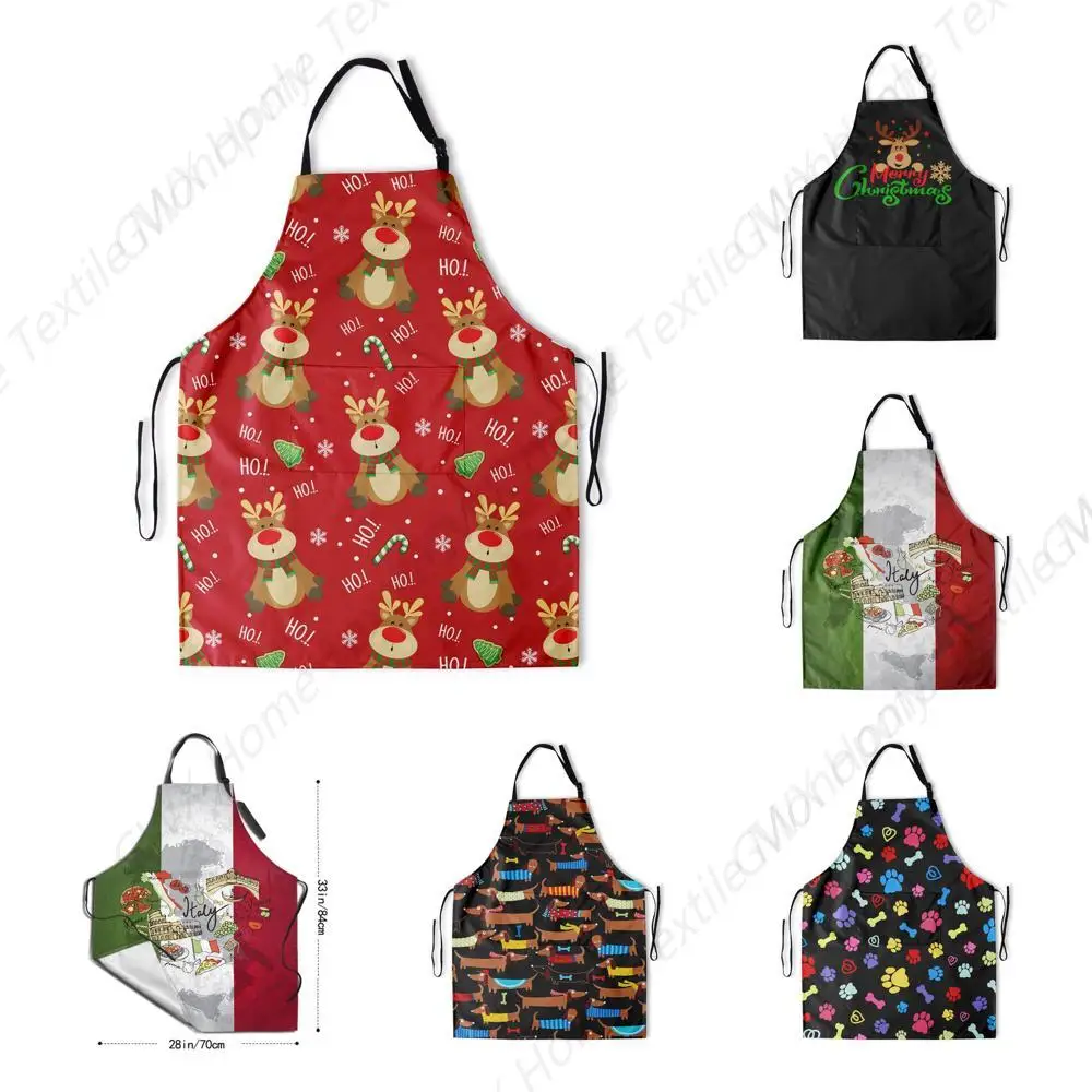 Chistmas Apron with 2 Pockets Holiday Kitchen Apron Christmas Elk Style Decoration Apron for Christmas Dinner Party Cooking