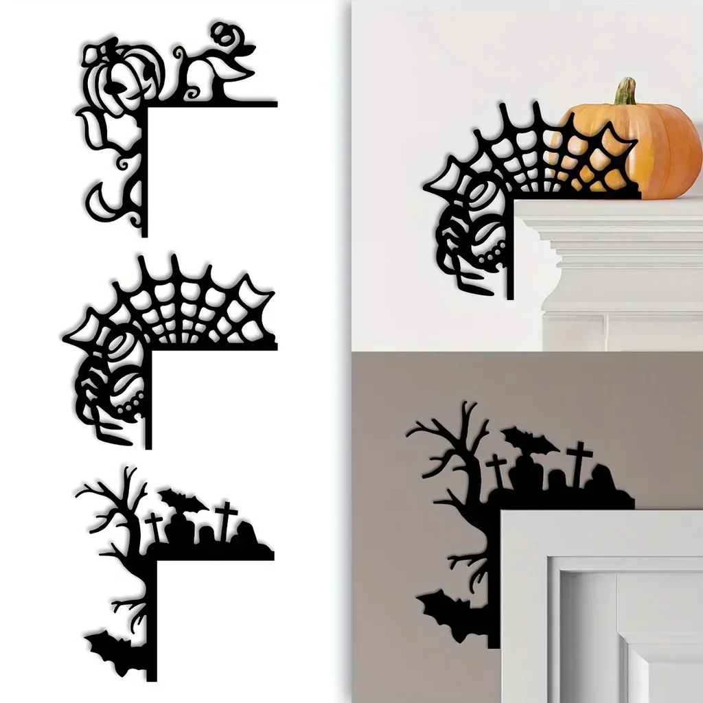 metal iron Halloween Door Corner Sign Home Decor Ornament Spider Web Door Corner Decor Halloween Wooden Door Corner Sign Party H