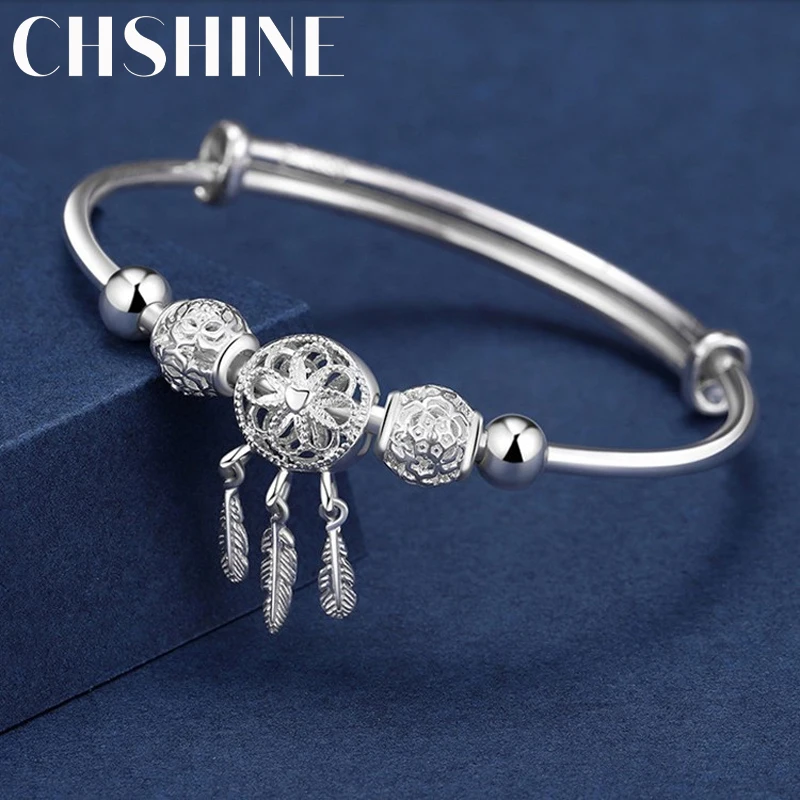 

Adjustable size 925 Sterling Silver Bangle cuff Dreamcatcher Tassel Feather Round Bead Charm Bracelet jewelry For Women wedding