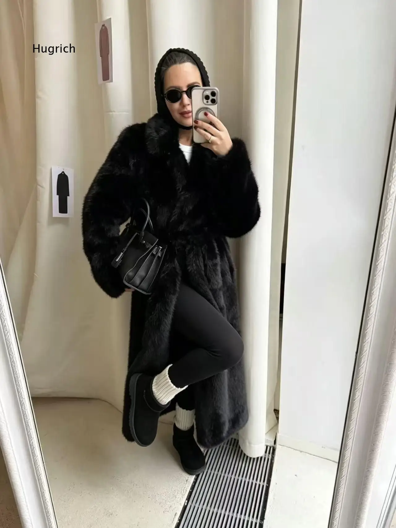 Mid Long Womens Woolen Coat Stand Collar Winter New Arrival Black Faux Leather Faux Grass Down Jacket Outerwear Fashion