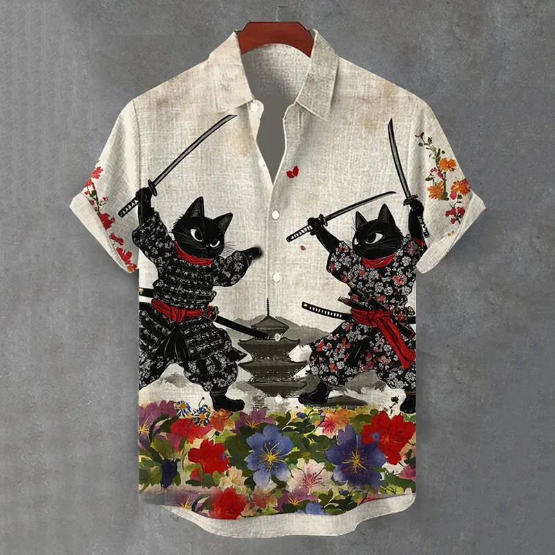 Men's Funny Black Cat Katana Samurai Japanese Art 3D Print Casual Shirts Summer Men Women Short Sleeve Blouse Hawaiian Beach Top