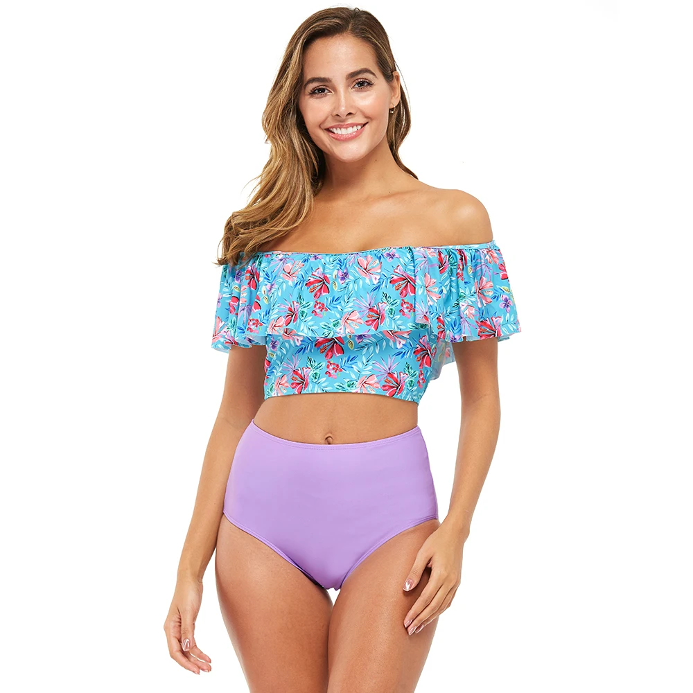Costumi da bagno con spalle scoperte arruffate bikini da donna Push-Up a vita alta costume da bagno diviso in due pezzi costume da bagno da spiaggia