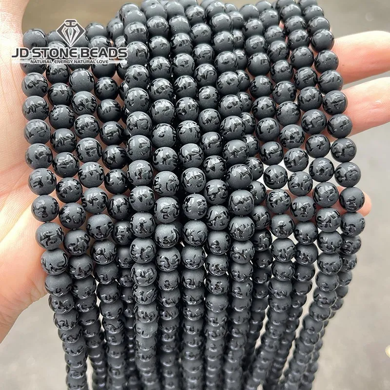 

6 8 10 12 14mm Natural Stone Frost Black Agate Carved With Buddhist Words Round Beads For Jewelry Making Diy Bracelet Accessory