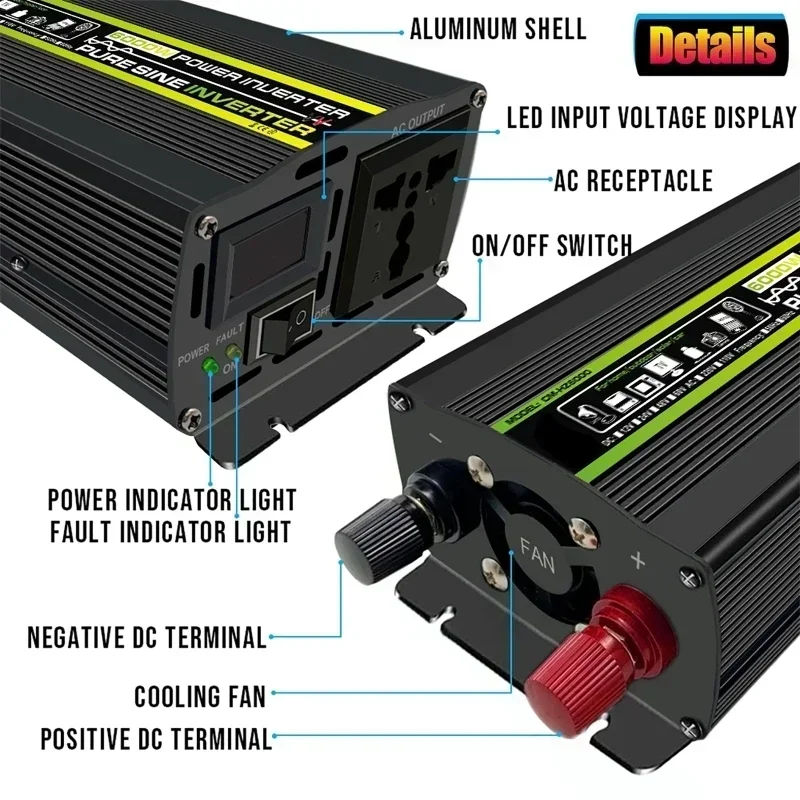 DC 12V/24V To AC 220V Pure Sine Wave Power Inverter 3000W/4000W/6000W Intelligent Digital Display Voltage Transformer