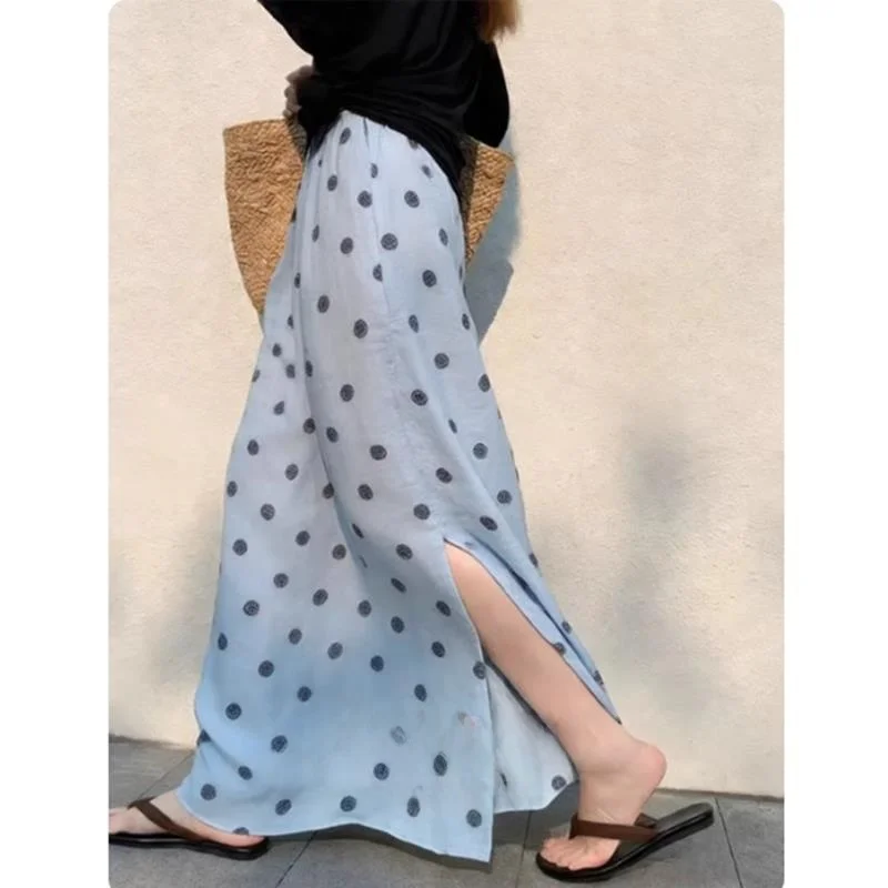 

Stunning Beach Long Skirt Women's High Waist A-Line Midi Skirt Summer Vacation Coastline Blue Polka Dot Print Split Skirt