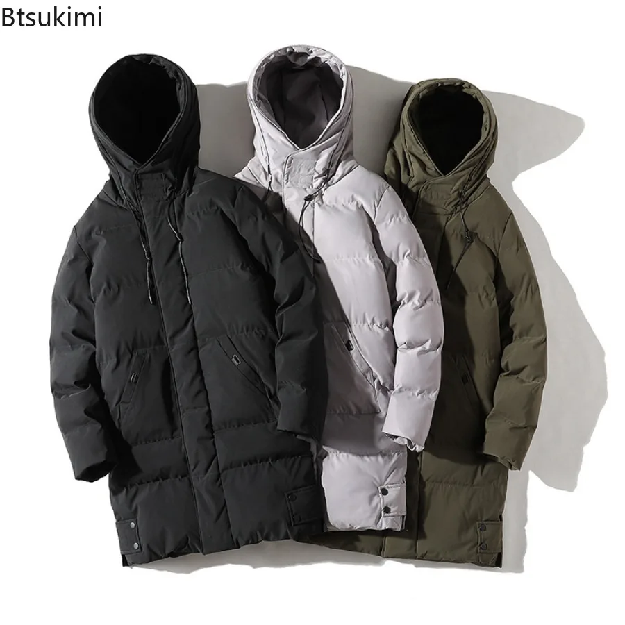 Men Winter Hooded Coat Thicken Cold-proof Solid Color Zipper Mid-length Long Sleeve Jacket Casual Warm Outerwear Male Daily Wear