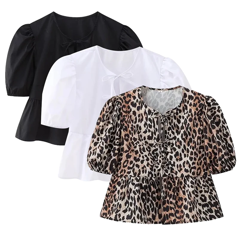 2024 Summer Women\'s New Classic Vintage Round Neck Tie Shirt Sexy Hottie Black White Leopard Puffy Sleeve Comfortable Casual Top