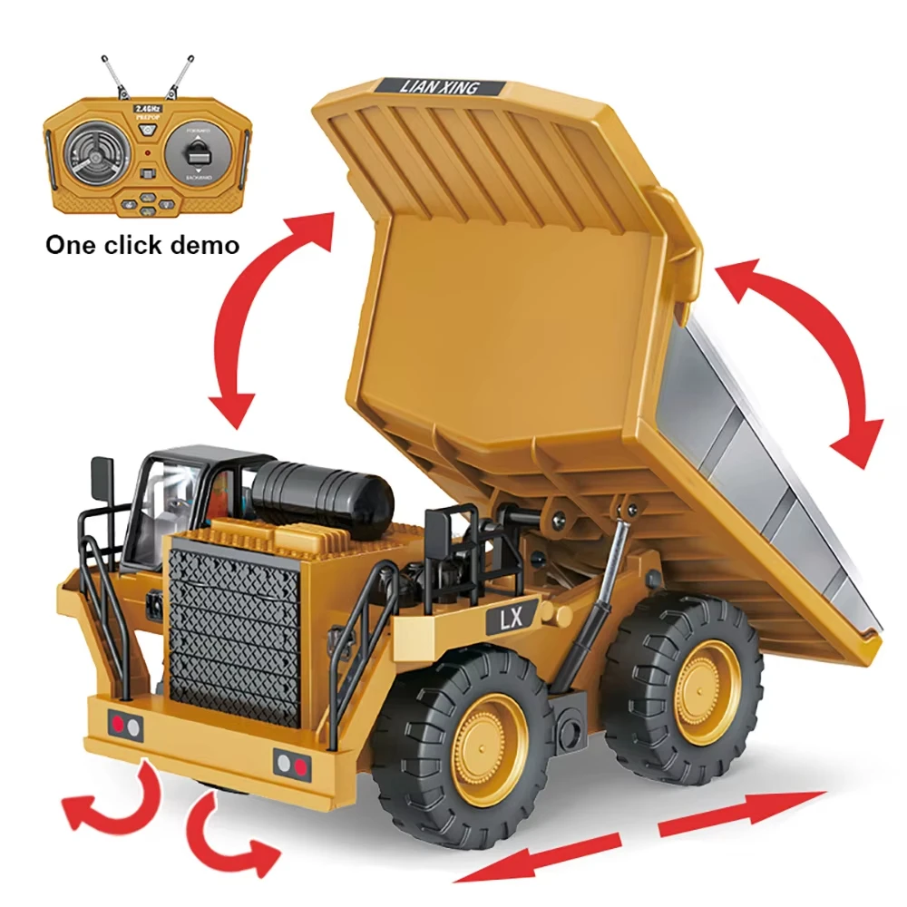 RC Dump Truck Excavator 9CH Metal Dump Bed Lights Electric Garbage Transport Truck Toy Engineering Vehicle for Kids