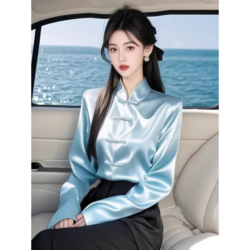 

French Temperament New Chinese Blue Satin Shirt for Women Solid color Long-sleeved retro shirt top Women
