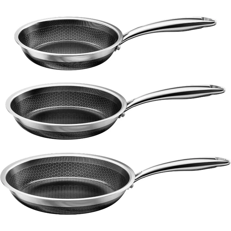 

Набор кастрюль и сковородок из 3 предметов с антипригарным покрытием, сковорода из нержавеющей стали, сковорода, которую можно мыть в посудомоечной машине и не содержит PFOA и индукционная сковорода