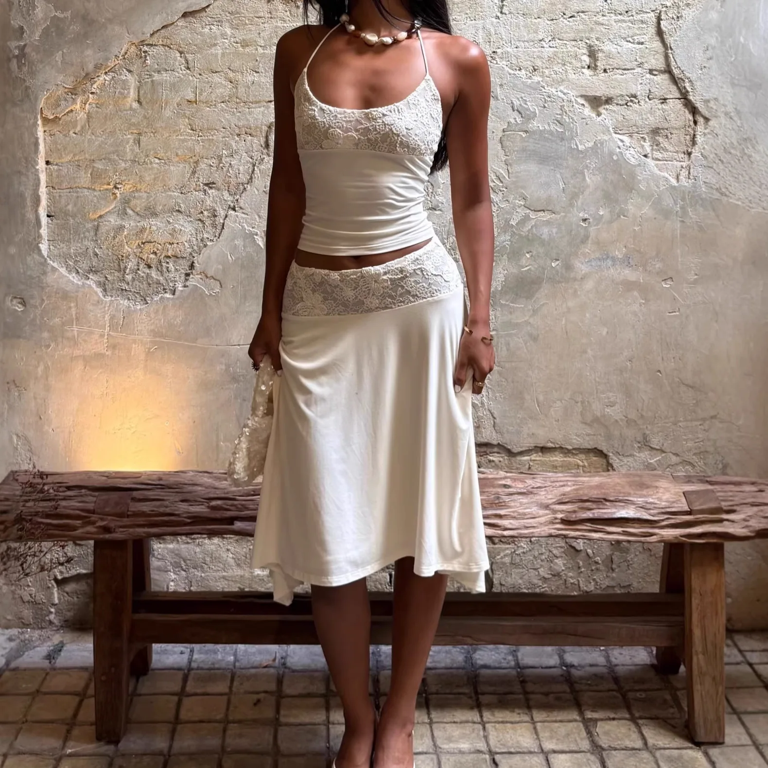 

Y2K Lace Patchwork Two Piece Outfit Spaghetti Strap Cami Top Backless Bodycon Midi Skirt Summer Casual Streetwear Party Club