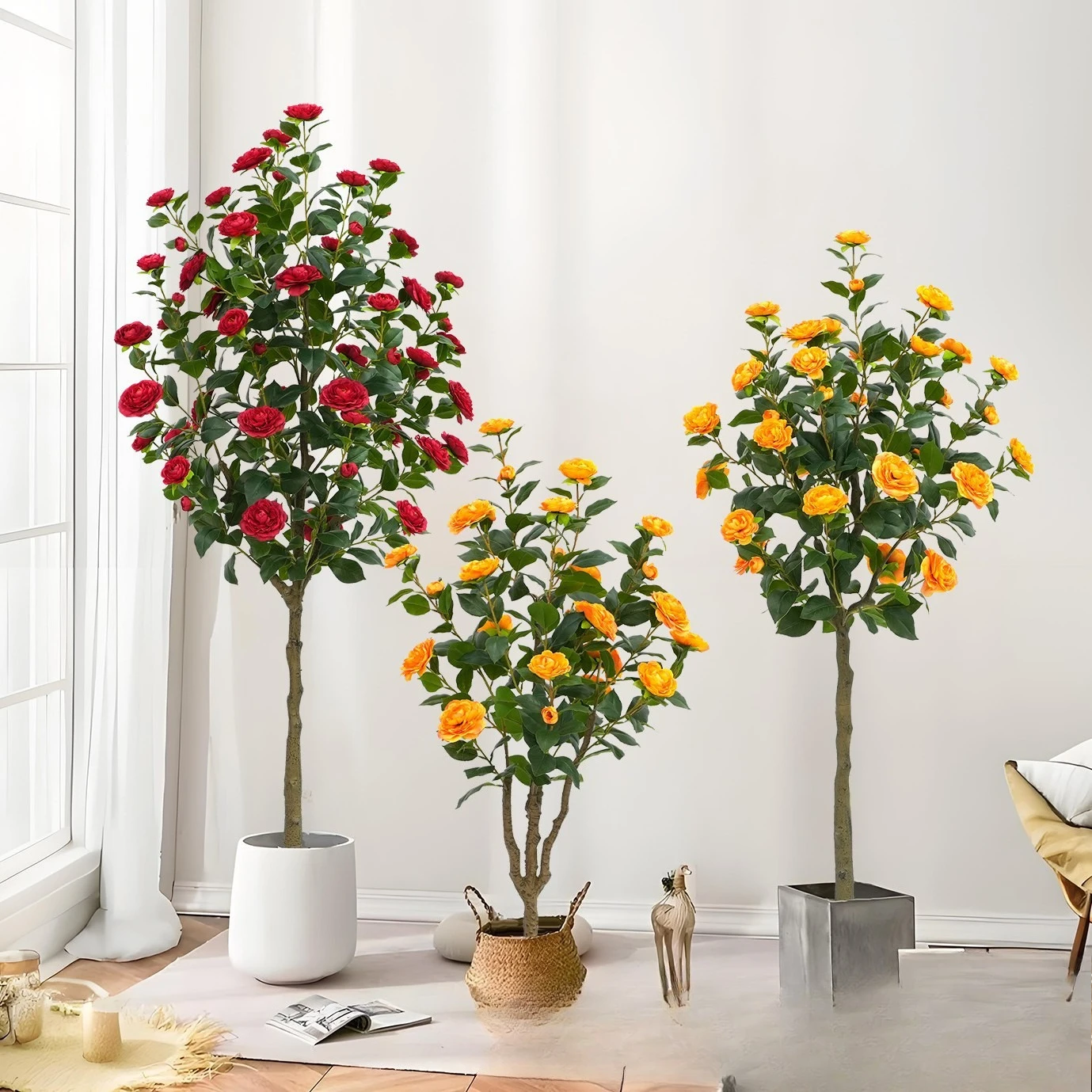 

Luxury Artificial Camellia Tree Indoor Decor Fake Green Plant for Living Room Rose Potted