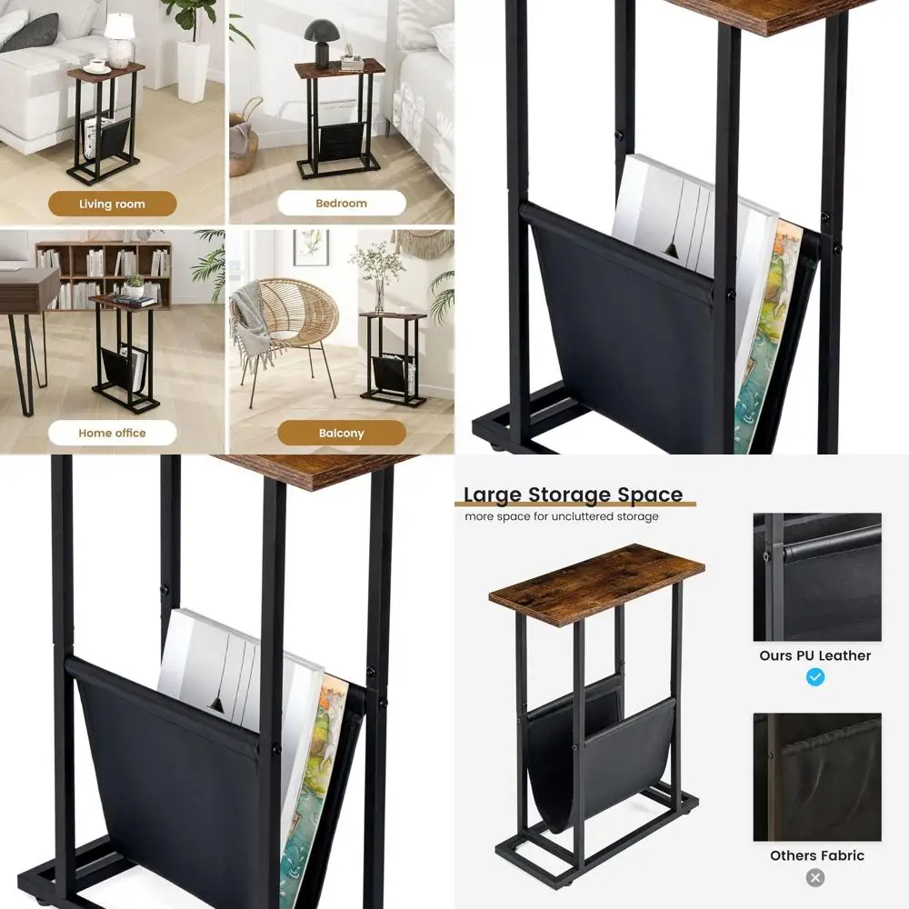 

Тонкий приставной столик из искусственной кожи коричневого цвета в деревенском стиле со стойкой для журналов для гостиной, спальни и дивана