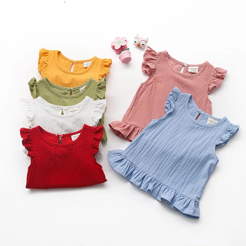 

3-8Y Cute Newborn Toddler Kids Baby Girl T Shirts Clothes Fly Sleeve Solid Color Cotton T-shirt Tee Outfits Summer Clothes