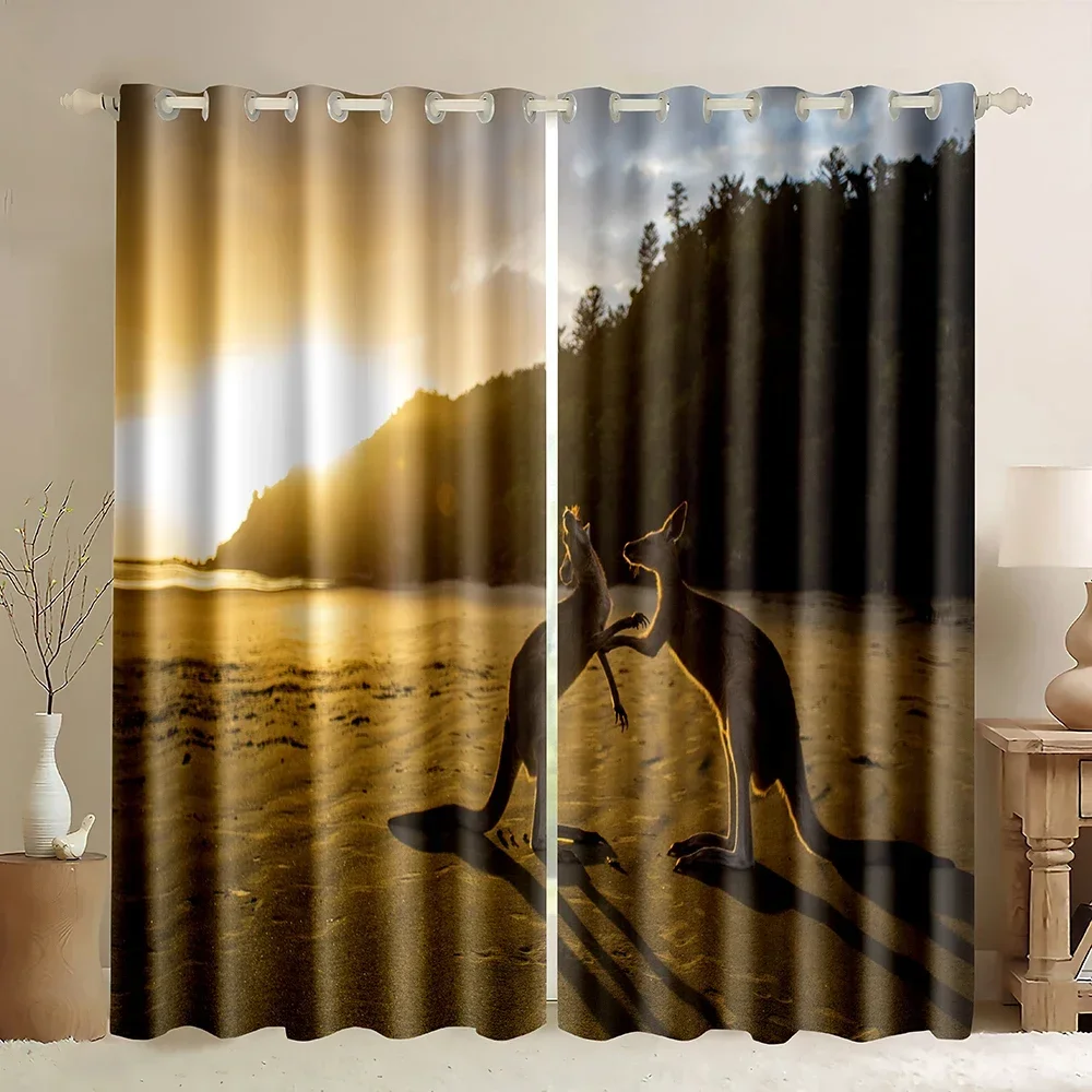 Kangaroo Blackout Curtains,Kangaroo Standing On the Beach,Wild Animals Theme Window Curtain Kangaroo 3D Printed Wildlife Pattern