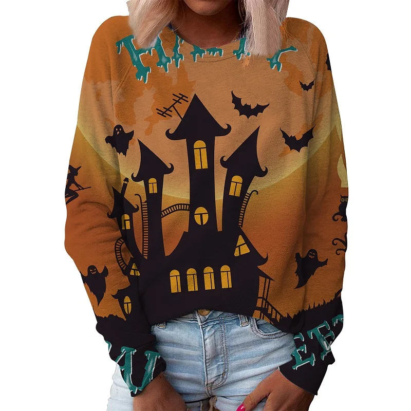 loween Print Long Sve round Ne Sweater Street Sle Women's Hoodie Thiened Cotton Blend Loose Fit Fall Faion