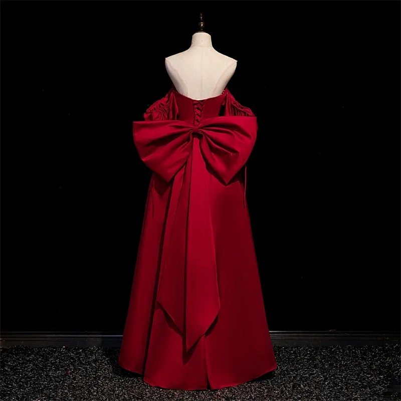 Customized Evening Dress Bow Removable Sleeves Floor-Length A-Line Burgundy Shiny Satin Plus size Party Formal Woman Gown B1461