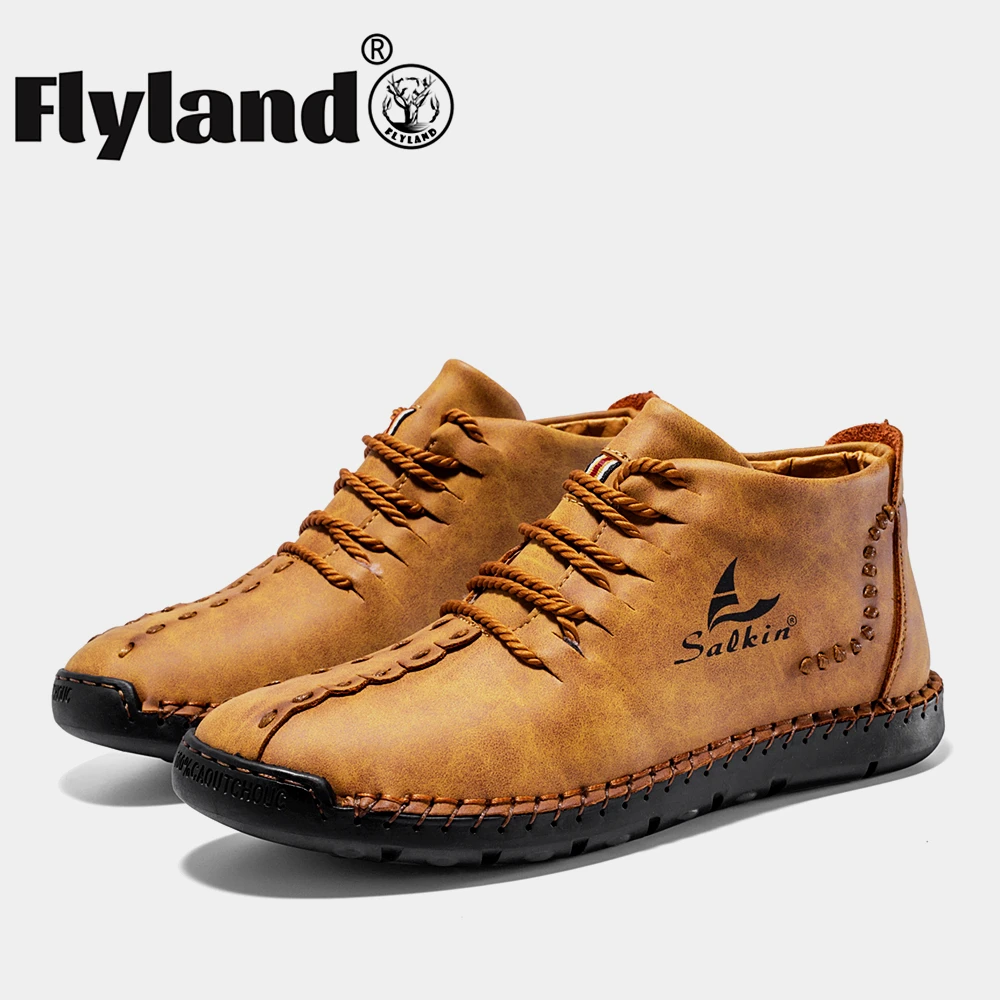 

FLYLAND Men's Winter Snow Boots Cotton Shoes Hand Stitched Men Shoes Casual Ankle Leather Breathable Flats Oxford Shoes