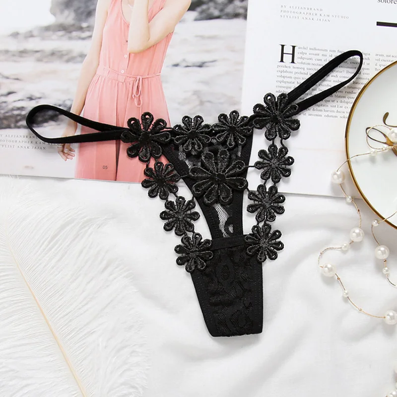 Women G-string Thong 3D Floral Embroidery Lace Low Waist Hollow Out Sheer Breathable Intimate Lingerie Panties