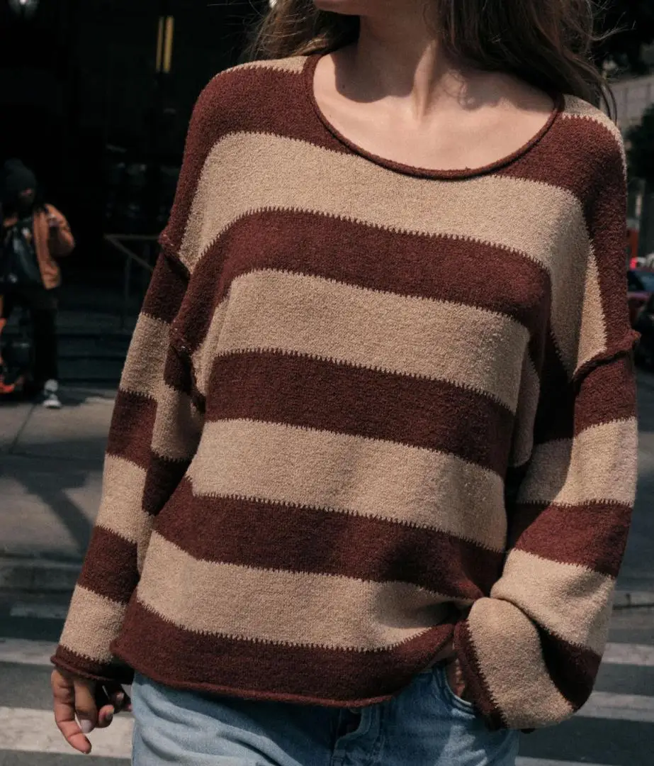 سترات نسائية كلاسيكية للخريف والشتاء بأكمام طويلة ورقبة مستديرة مخططة ملابس تريكو مرقعة ملابس بديلة #2