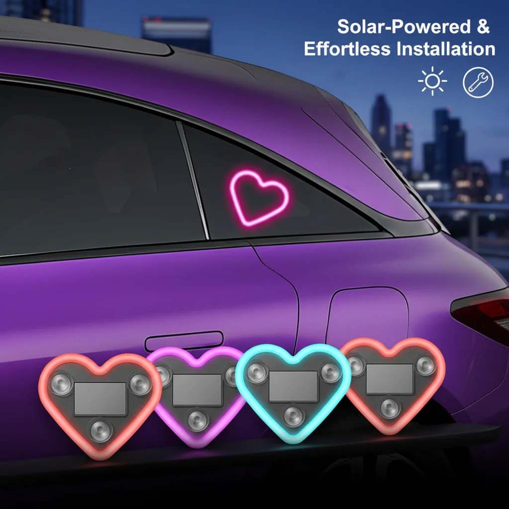 Solar Powered Car Window Neon Lights Heart-shaped LED Atmosphere Light Decoration Wiring Free Cars Perfect Gift