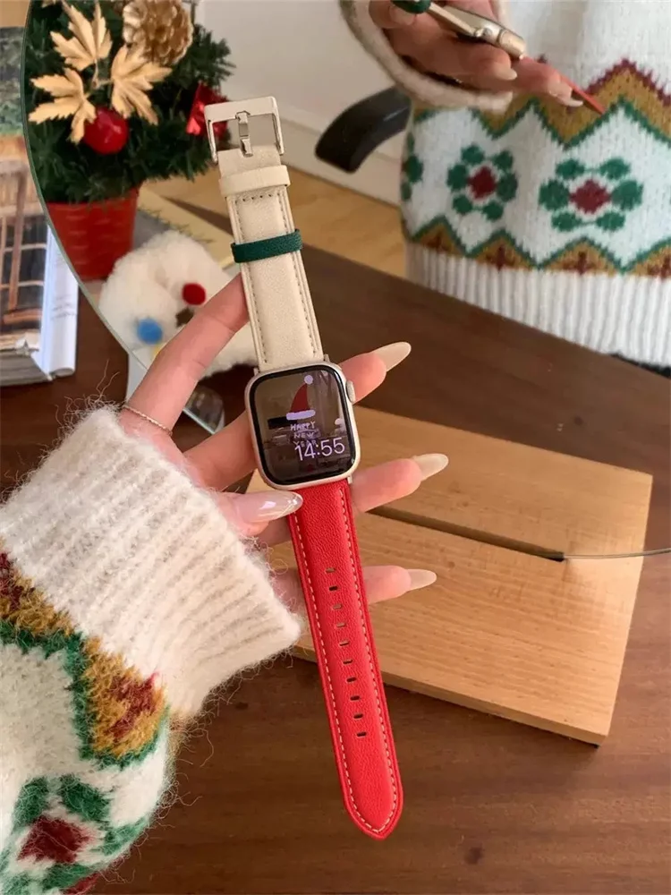 Correa de cuero de Navidad para Apple Watch, Correa de Corea para Apple Watch de 49mm, 45, Ultra 2, 44, 41, 42, Correa para Iwatch Series 9, 8, 7, SE