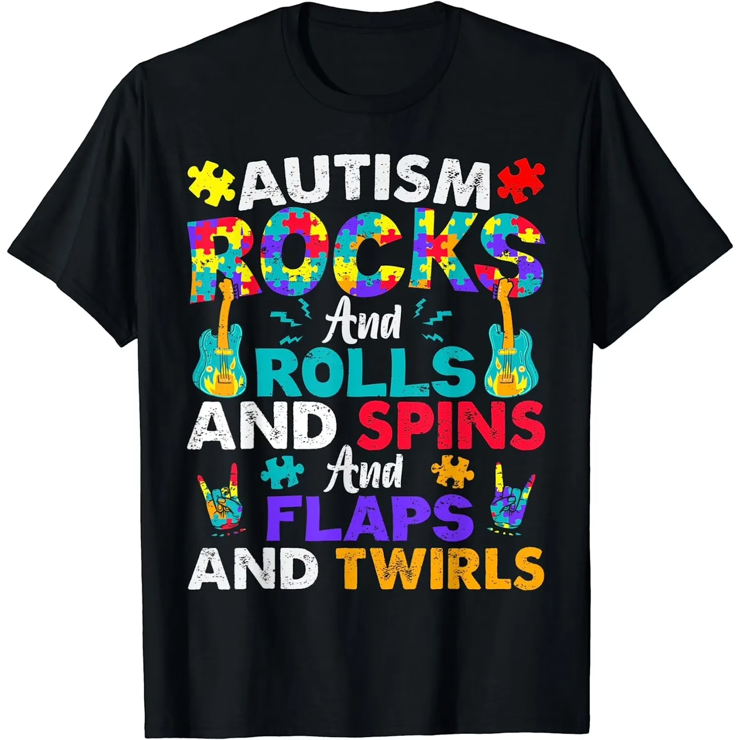 Autism Rocks And Rolls Spins Flaps Twirls Graphic T-Shirt Awareness Month Tee