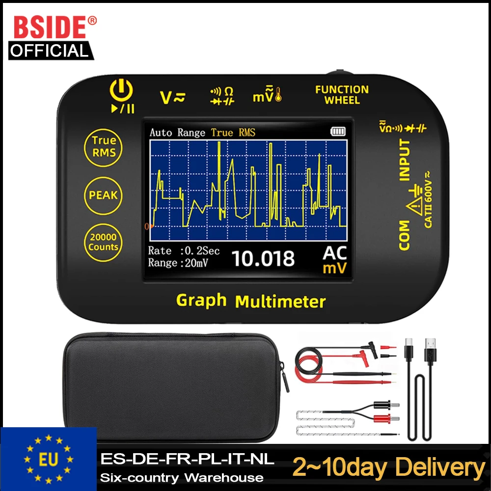 BSIDE Graficzny Multimetr Cyfrowy S450 z Rejestratorem Danych 1uV/1000V Fotowoltaiczny/Dla Górników, Woltomierz TRMS z Funkcją Ładowania, Pomiar Pojemności, Diod, Napięcia MAX/MIN/PEAK, Temperatury,