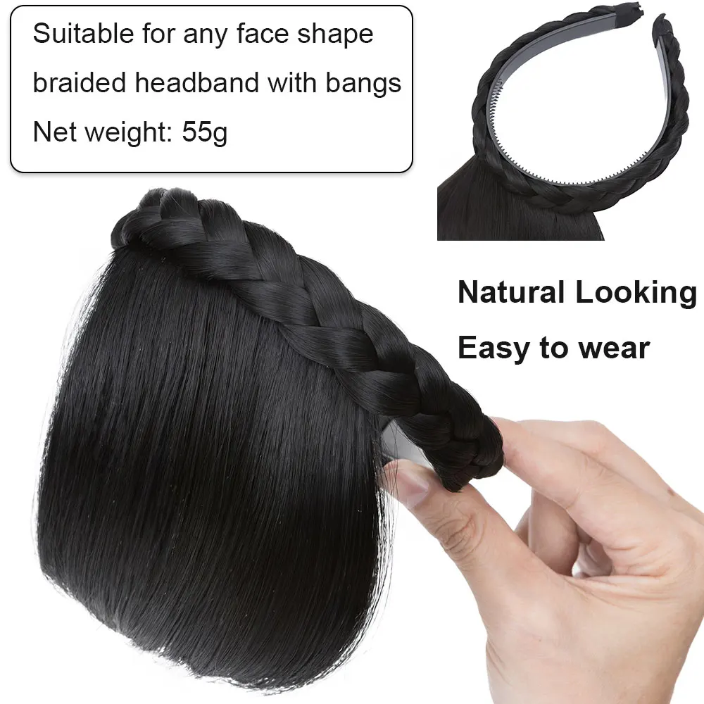 Benehair Braid Headband Synthetic Hair Fringe Headband with Bangs Hairpieces Instant Hair Bangs for Daily Wear Women Girls