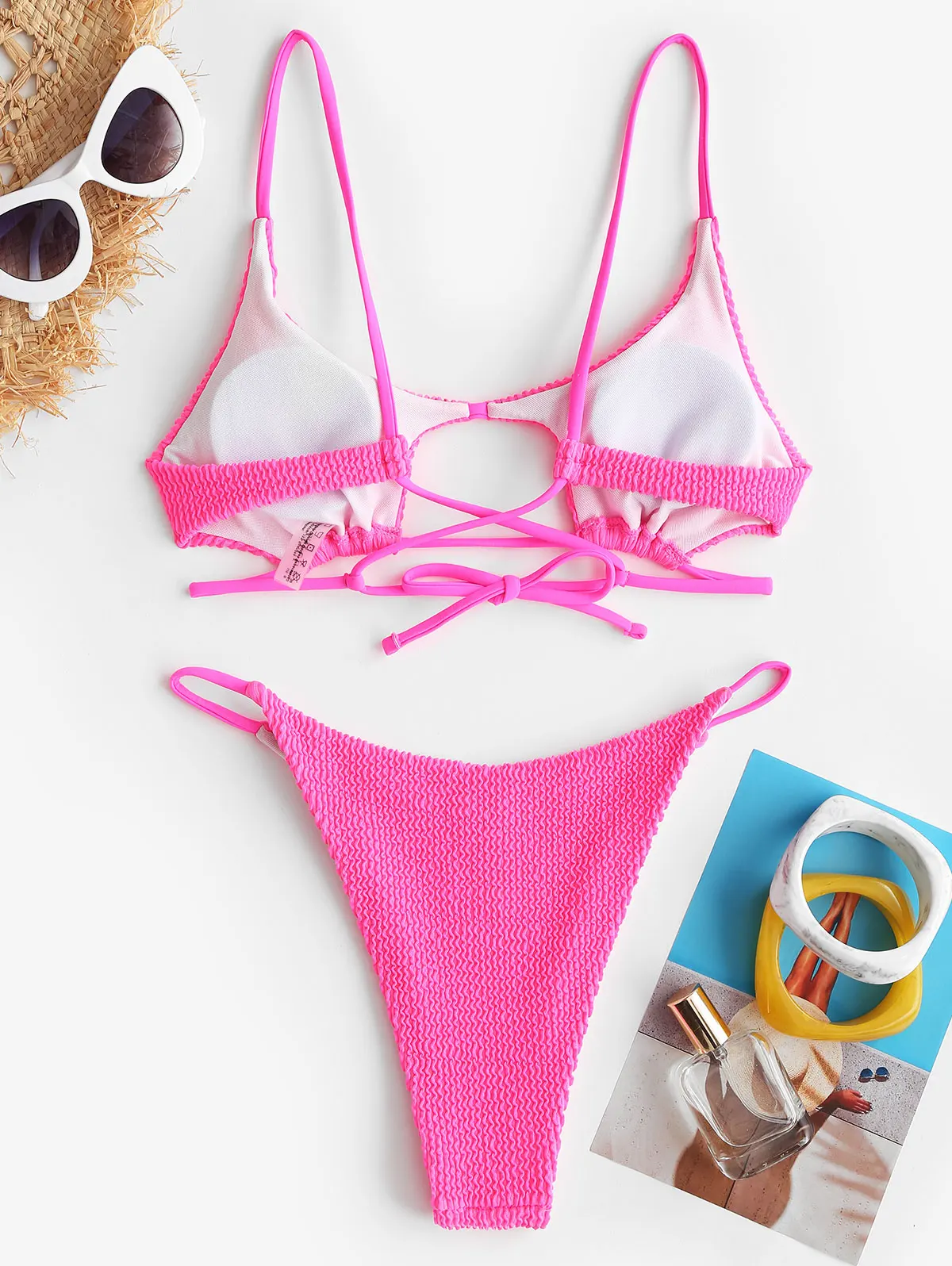 Zaful teksturowane wycięcie na ramiączkach strój kąpielowy bikini francuski krój w kształcie gwiazdy odpinane wyściełane damskie dwuczęściowe