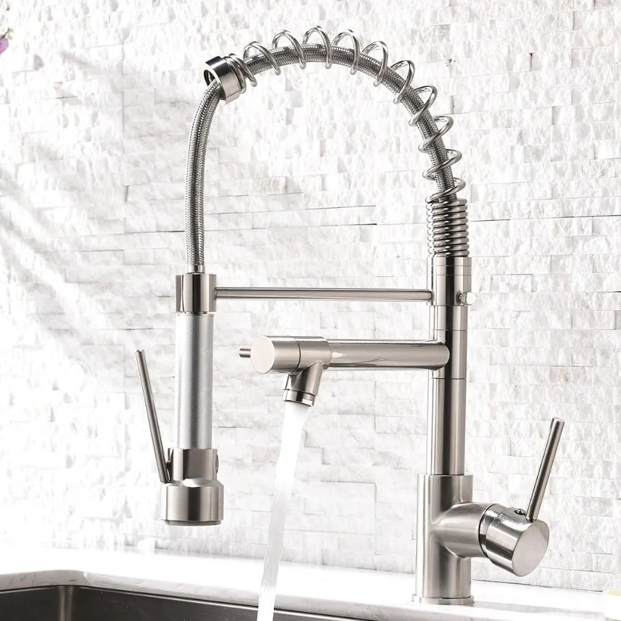 Contemporary Kitchen Sink FaucetSingle Handle Stainless Steel Kitchen Faucets with Pull Down Sprayer Brushed Nickel