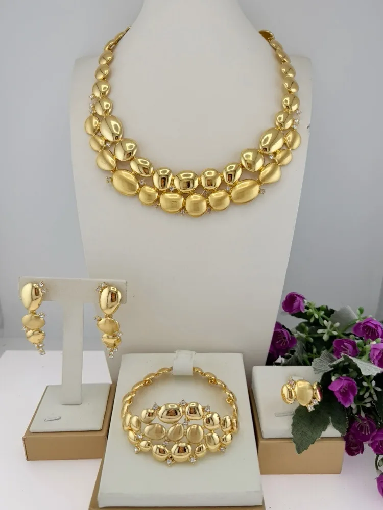 Chunky Smooth Oval Bead Jewelry Set For Women Polished Metal Collar Necklace Earrings Bracelet Ring Wedding Banquet Statement