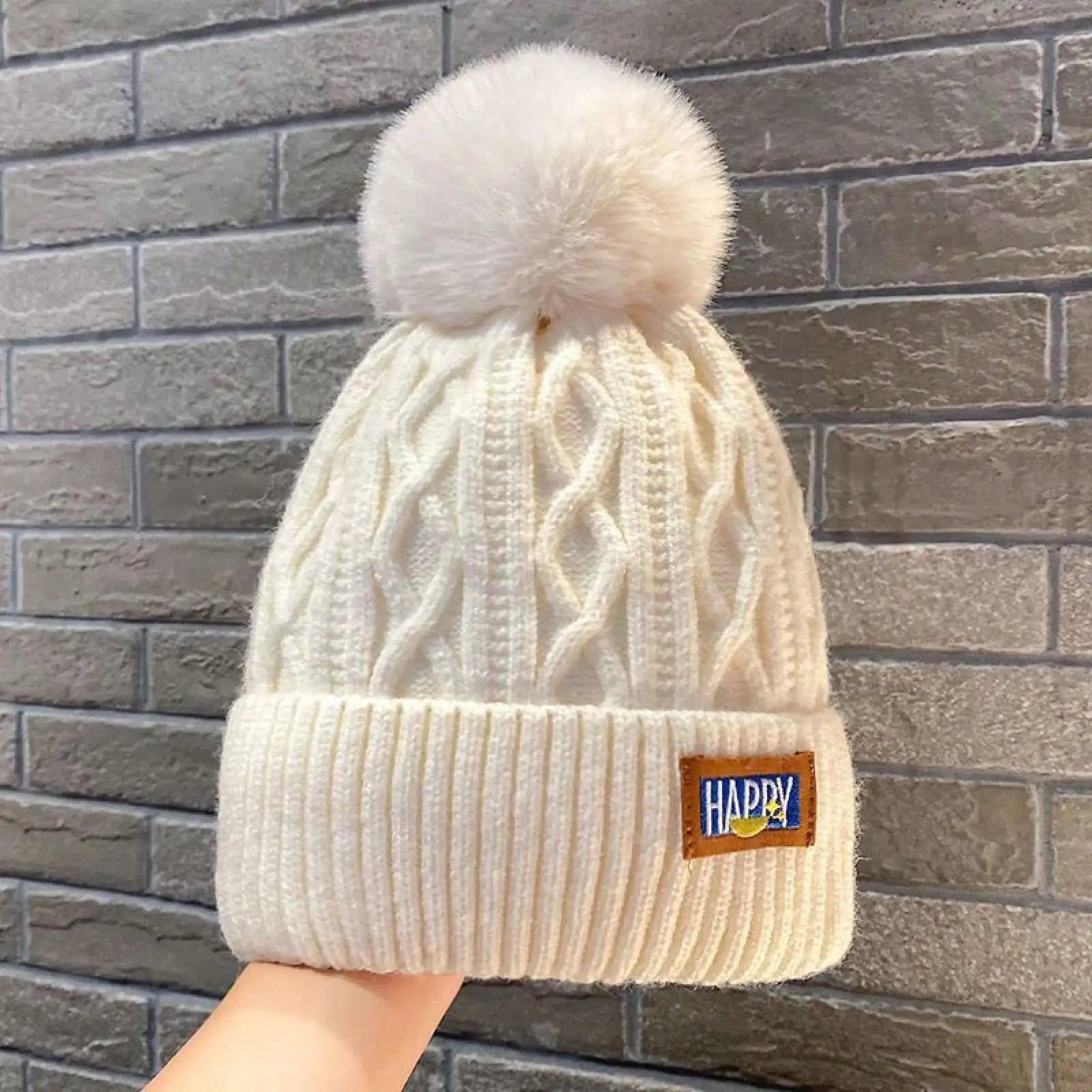 Women's Fleece Lined Knit Hat, Thick Warm Winter Beanie with White Pom Pom and Ear Coverage for Large Head Circumference