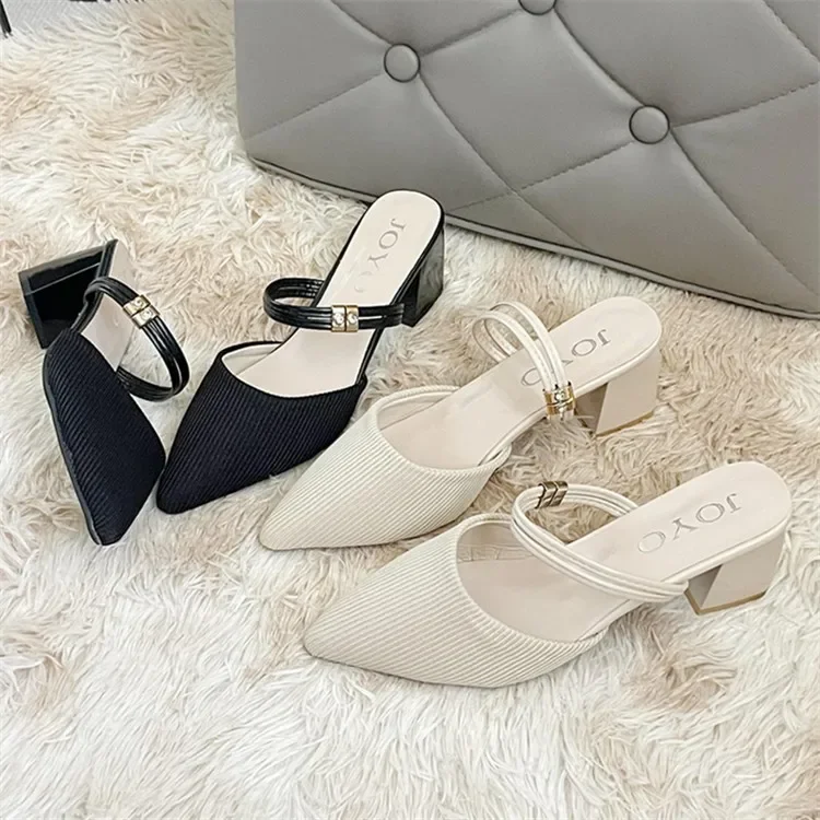 2024 New Fashion Solid Color Versatile and Comfortable Baotou Square Heel Outerwear Women's Slippers Best Selling Summer