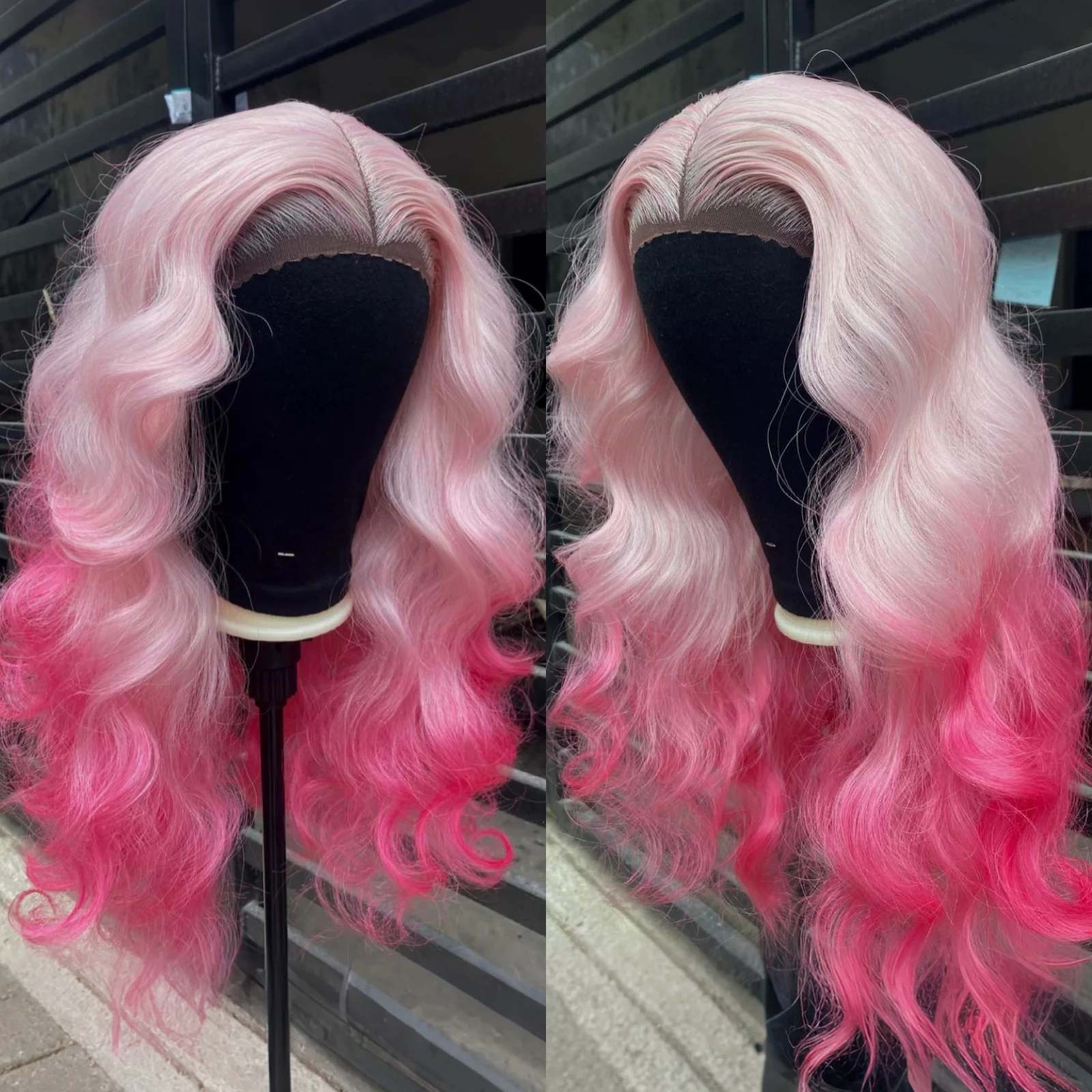 Long Pink Ombre Wig  Body Wave Synthetic Hair Middle Part 13X4 Curly Wavy Light Pink Highlight Gradient Colored Wigs for Women