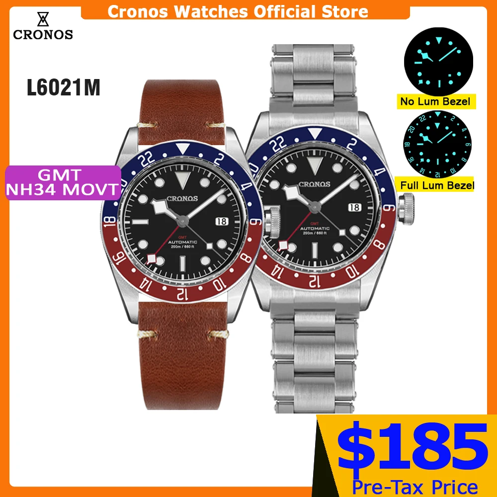 Cronos BB GMT Men Watch Automatic NH34 Coke Ceramic Bezel Bi-Directional 24 Clicks Spphire Glass L6021M