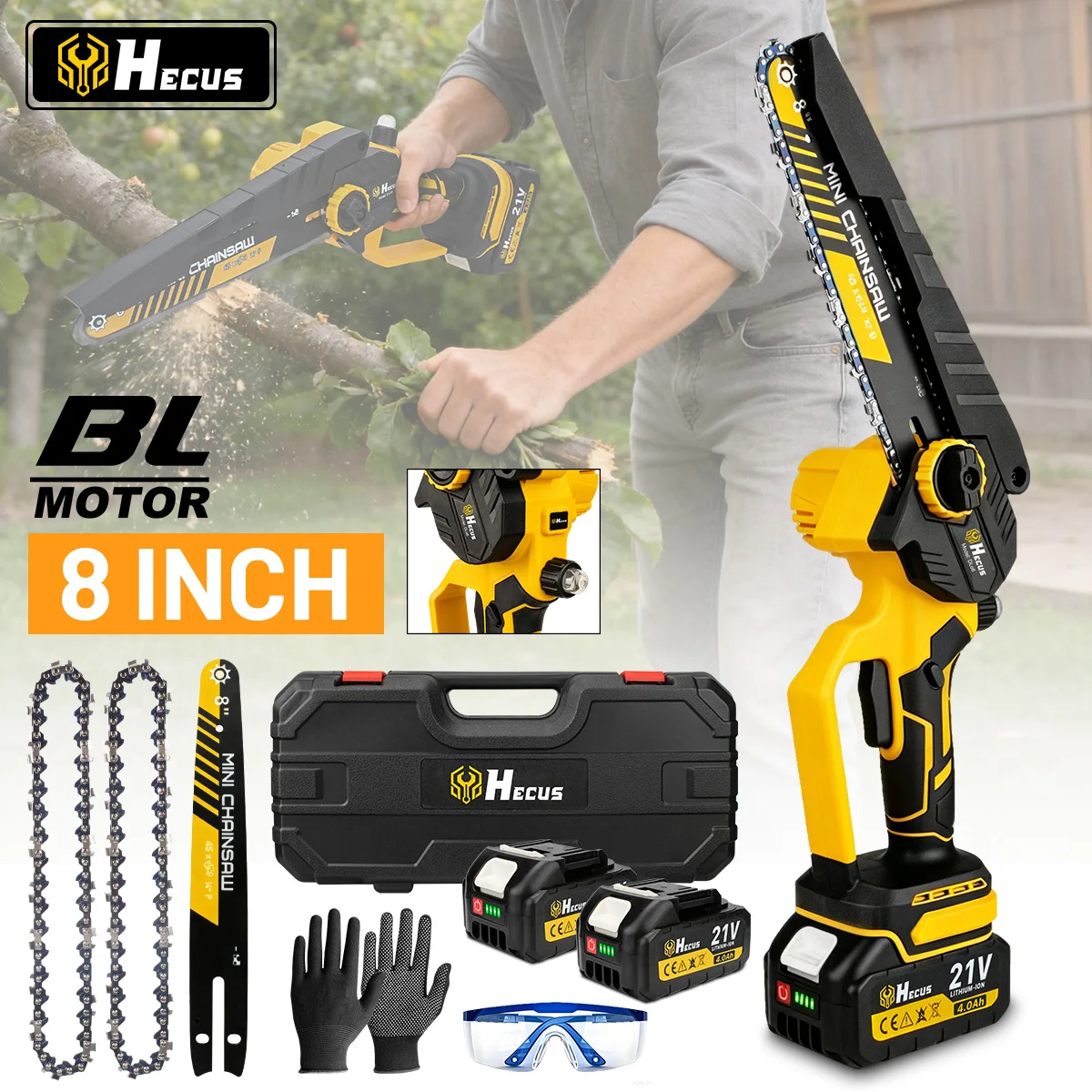 Hecus 8-Zoll Bürstenlose Elektrische Kettensäge mit Automatischer Ölschmierung, Kabellose Holzbearbeitungs- und Obstbaum-Astschneidesäge, Gartenschneidewerkzeug für Makita 18V Akku