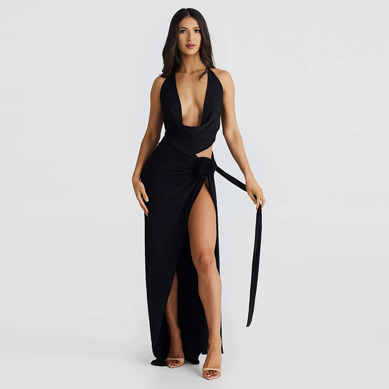 Sexy Backless Solid Plunging Deep V-neck Halter High Split Party Beach One-piece Maxi Dress for Women Holiday New Year\'s Eve